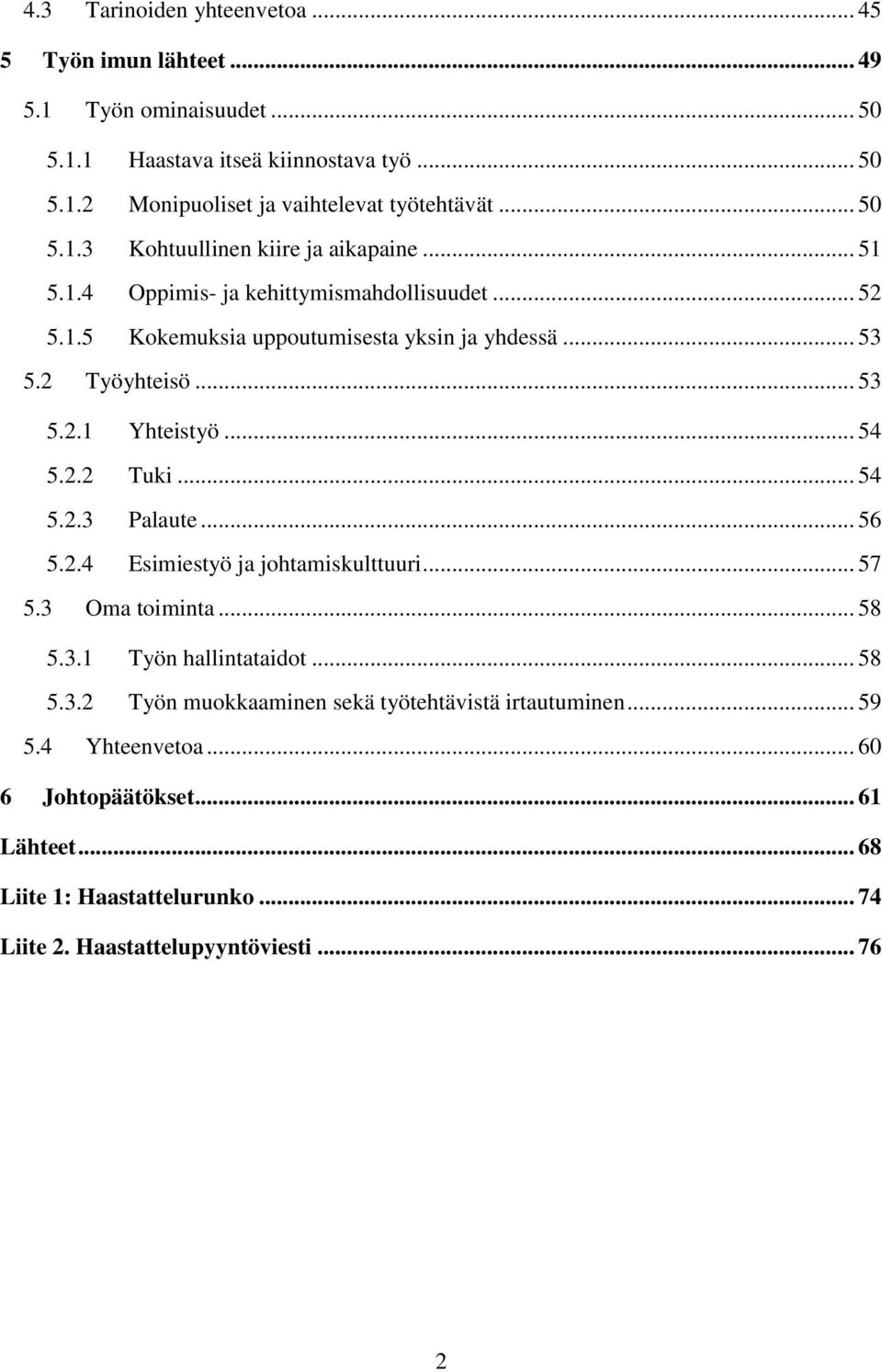 .. 54 5.2.2 Tuki... 54 5.2.3 Palaute... 56 5.2.4 Esimiestyö ja johtamiskulttuuri... 57 5.3 Oma toiminta... 58 5.3.1 Työn hallintataidot... 58 5.3.2 Työn muokkaaminen sekä työtehtävistä irtautuminen.