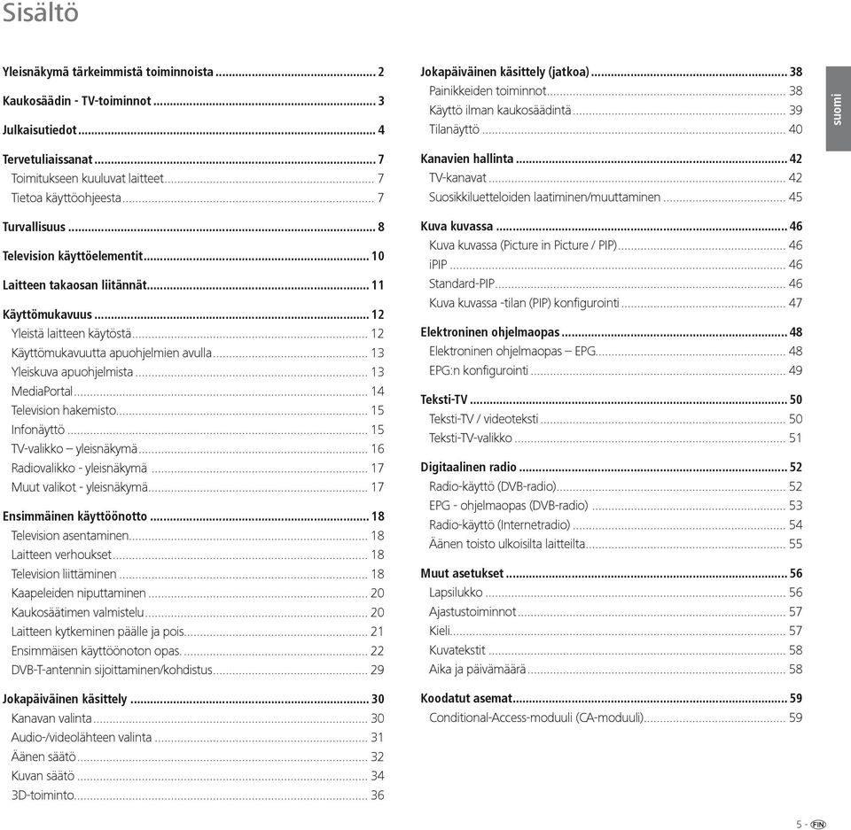 .. 11 Käyttömukavuus... 12 Yleistä laitteen käytöstä... 12 Käyttömukavuutta apuohjelmien avulla... 13 Yleiskuva apuohjelmista... 13 MediaPortal... 14 Television hakemisto... 15 Infonäyttö.