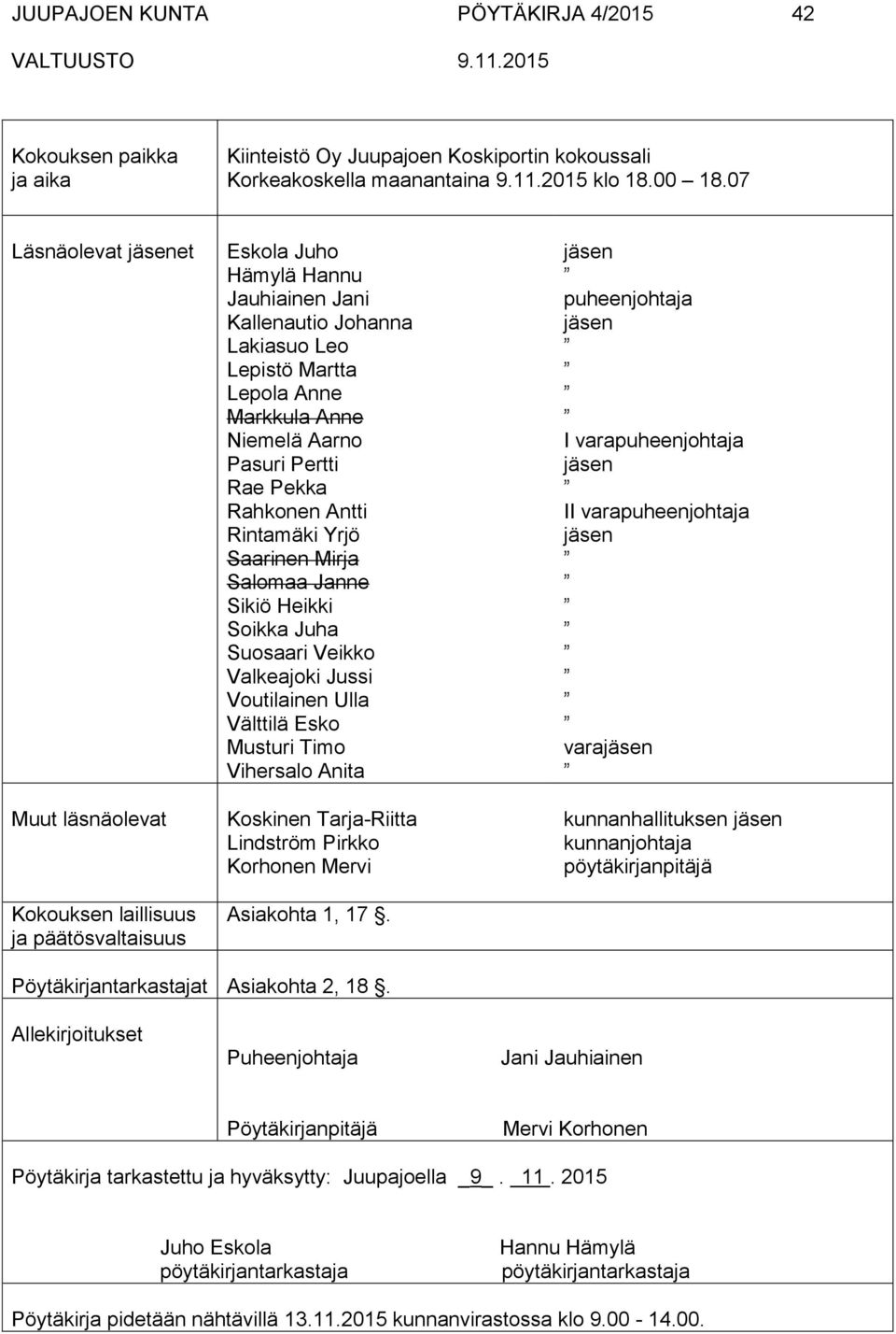 Niemelä Aarno Pasuri Pertti Rae Pekka Rahkonen Antti Rintamäki Yrjö Saarinen Mirja Salomaa Janne Sikiö Heikki Soikka Juha Suosaari Veikko Valkeajoki Jussi Voutilainen Ulla Välttilä Esko Musturi Timo