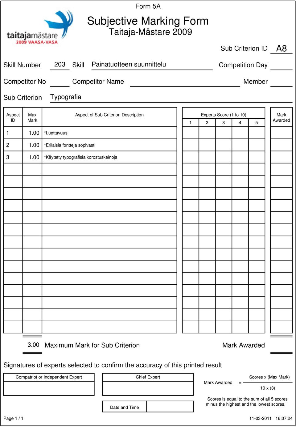 00 imum for Signatures of experts selected to confirm the accuracy of this printed result = Σ Scores x (