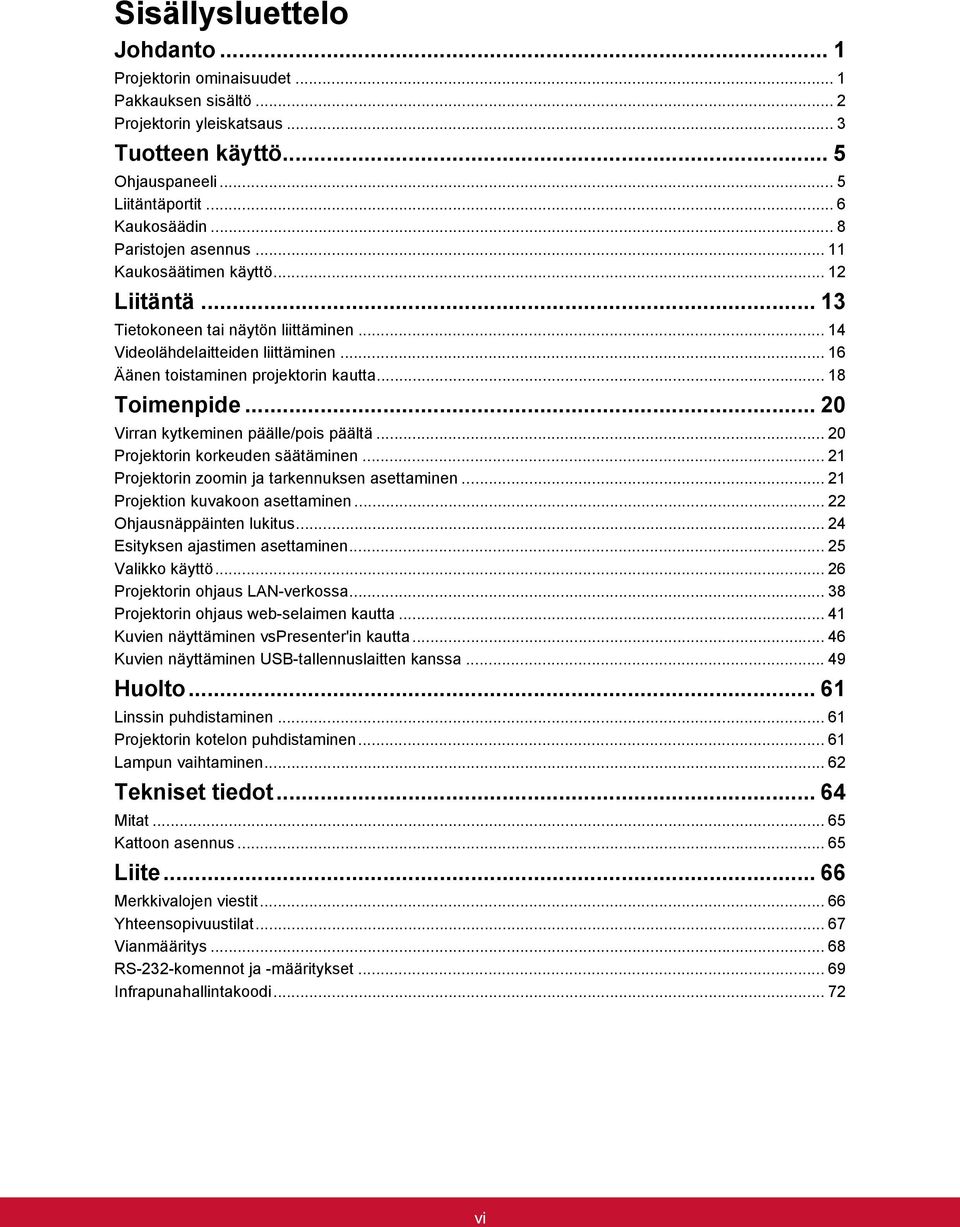 .. 18 Toimenpide... 20 Virran kytkeminen päälle/pois päältä... 20 Projektorin korkeuden säätäminen... 21 Projektorin zoomin ja tarkennuksen asettaminen... 21 Projektion kuvakoon asettaminen.