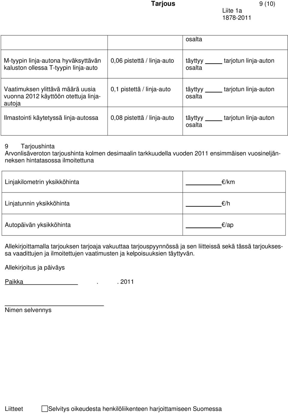 Arvonlisäveroton tarjoushinta kolmen desimaalin tarkkuudella vuoden 2011 ensimmäisen vuosineljänneksen hintatasossa ilmoitettuna Linjakilometrin yksikköhinta /km Linjatunnin yksikköhinta /h