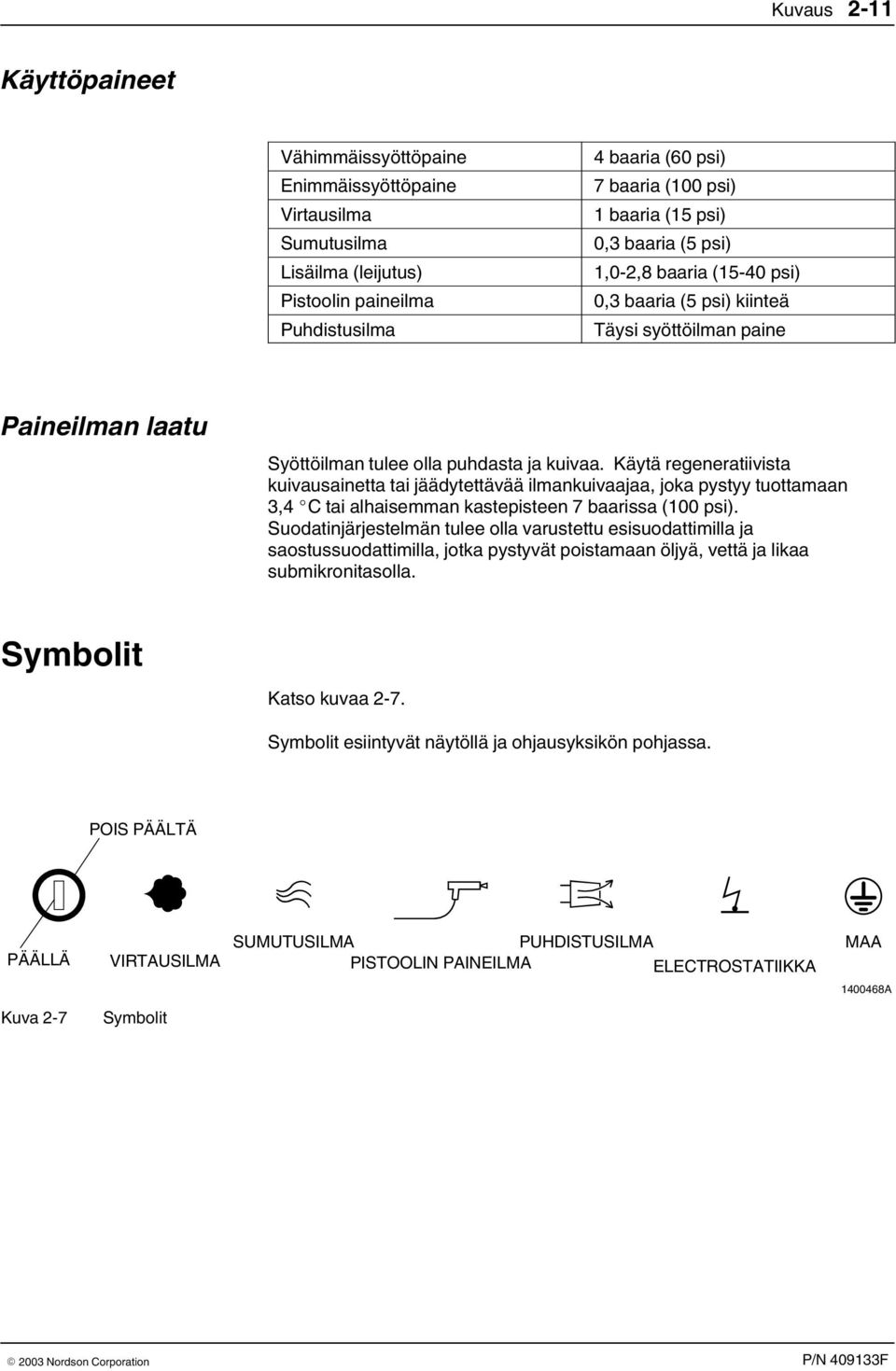 Käytä regeneratiivista kuivausainetta tai jäädytettävää ilmankuivaajaa, joka pystyy tuottamaan 3,4 C tai alhaisemman kastepisteen 7 baarissa (100 psi).