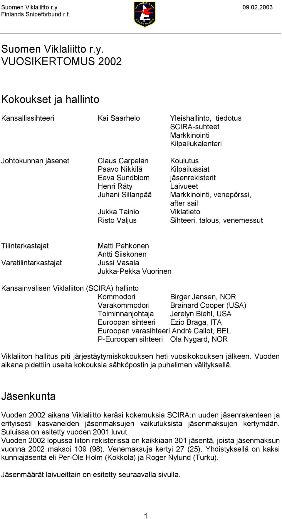 Kilpailuasiat Eeva Sundblom jäsenrekisterit Henri Räty Laivueet Juhani Sillanpää Markkinointi, venepörssi, after sail Jukka Tainio Viklatieto Risto Valjus Sihteeri, talous, venemessut