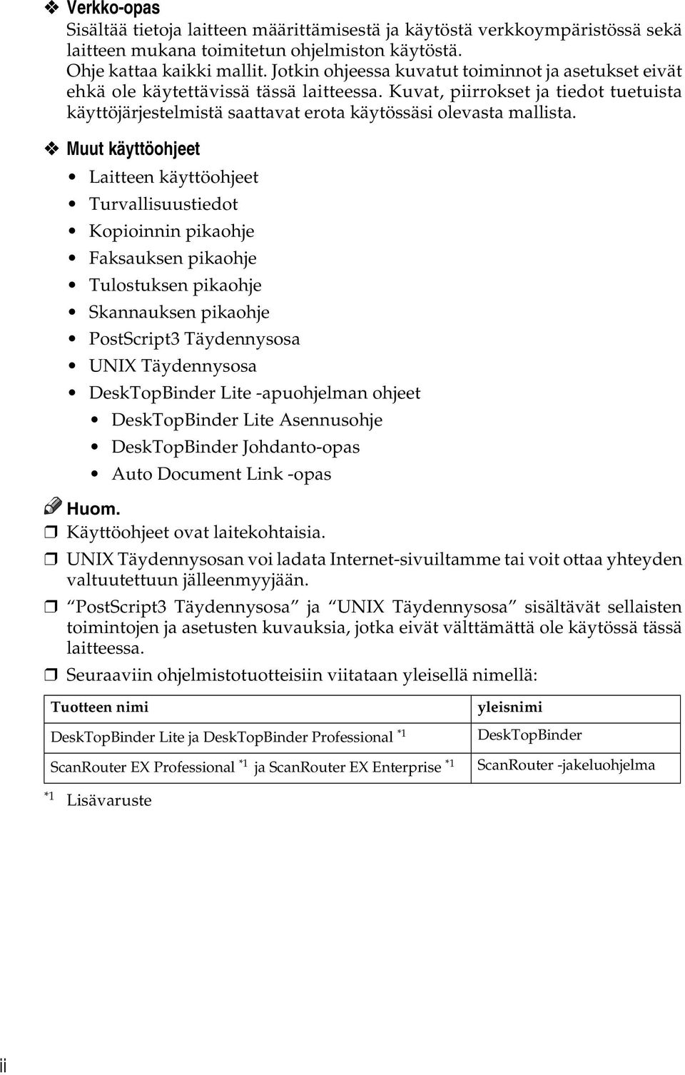 Muut käyttöohjeet Laitteen käyttöohjeet Turvallisuustiedot Kopioinnin pikaohje Faksauksen pikaohje Tulostuksen pikaohje Skannauksen pikaohje PostScript3 Täydennysosa UNIX Täydennysosa DeskTopBinder