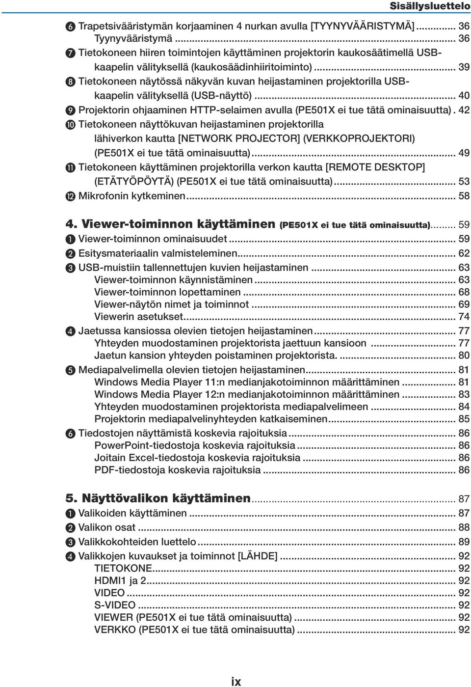 .. 39 ❽ Tietokoneen näytössä näkyvän kuvan heijastaminen projektorilla USBkaapelin välityksellä (USB-näyttö)... 40 ❾ Projektorin ohjaaminen HTTP-selaimen avulla (PE501X ei tue tätä ominaisuutta).