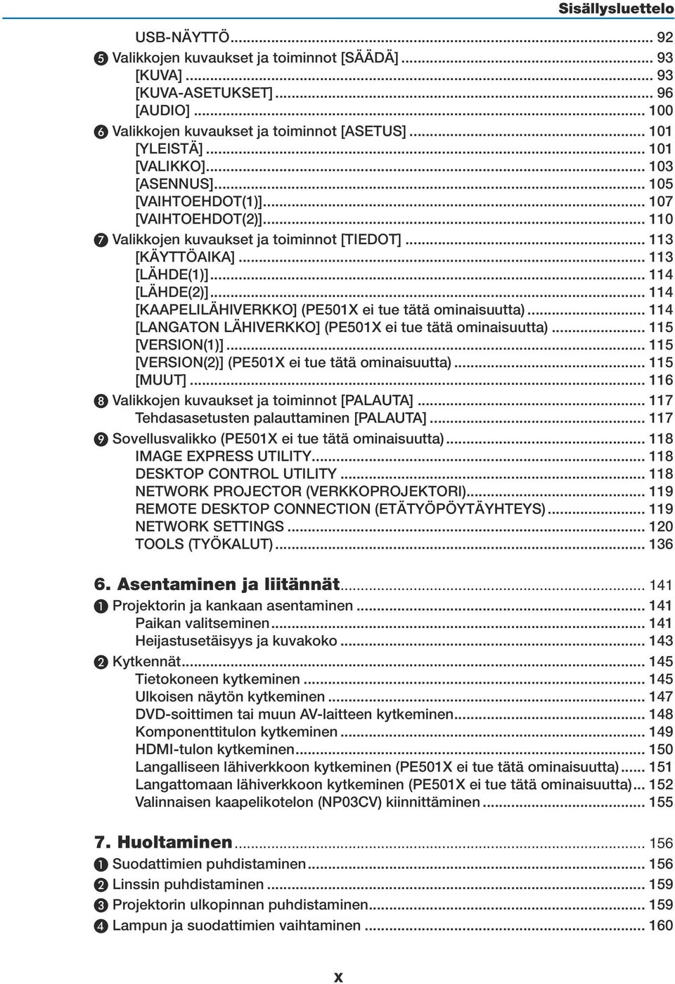 .. 114 [KAAPELILÄHIVERKKO] (PE501X ei tue tätä ominaisuutta)... 114 [LANGATON LÄHIVERKKO] (PE501X ei tue tätä ominaisuutta)... 115 [VERSION(1)]... 115 [VERSION(2)] (PE501X ei tue tätä ominaisuutta).