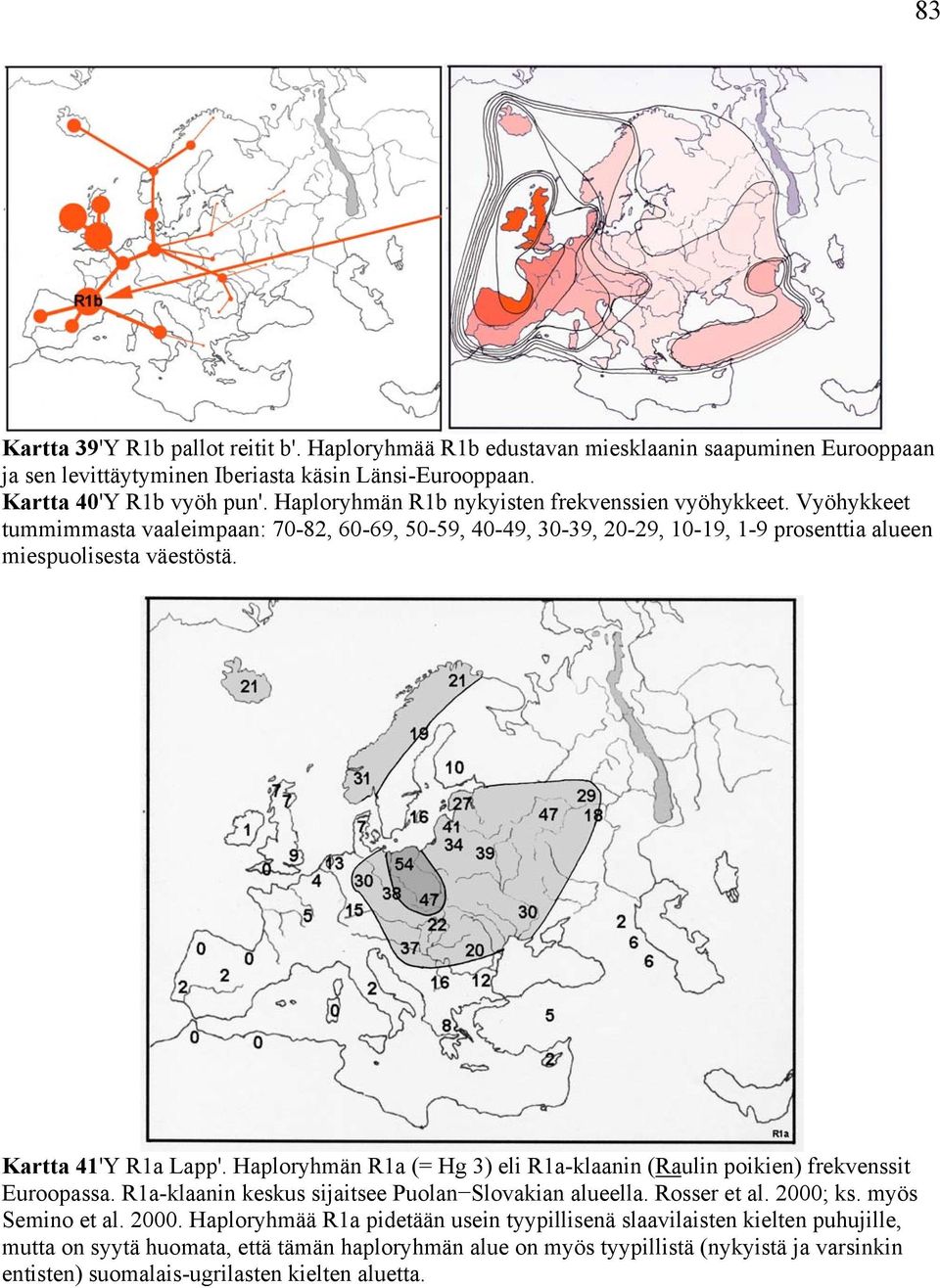 Kartta 41'Y R1a Lapp'. Haploryhmän R1a (= Hg 3) eli R1a-klaanin (Raulin poikien) frekvenssit Euroopassa. R1a-klaanin keskus sijaitsee Puolan Slovakian alueella. Rosser et al. 2000; ks.
