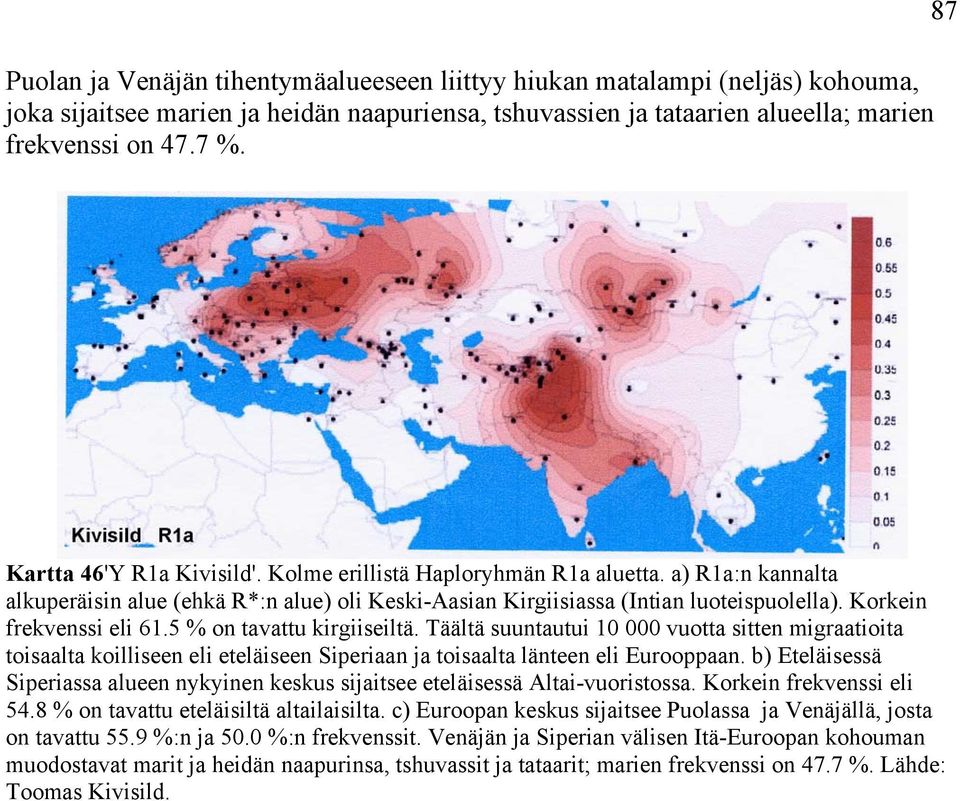 Korkein frekvenssi eli 61.5 % on tavattu kirgiiseiltä. Täältä suuntautui 10 000 vuotta sitten migraatioita toisaalta koilliseen eli eteläiseen Siperiaan ja toisaalta länteen eli Eurooppaan.