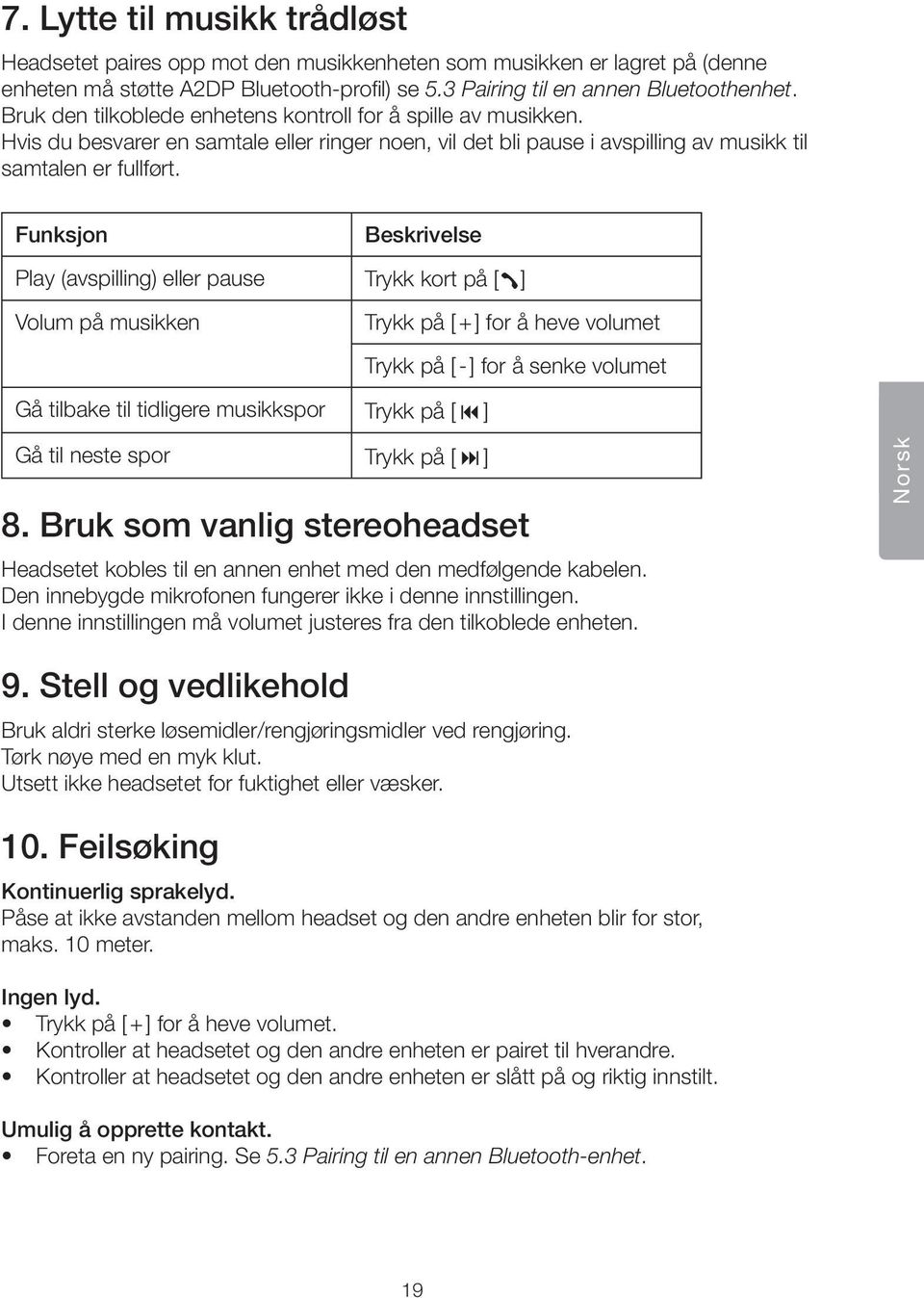 Funksjon Beskrivelse Play (avspilling) eller pause Trykk kort på [ ] Volum på musikken Trykk på [ + ] for å heve volumet Gå tilbake til tidligere musikkspor Trykk på [9 ] Trykk på [ - ] for å senke