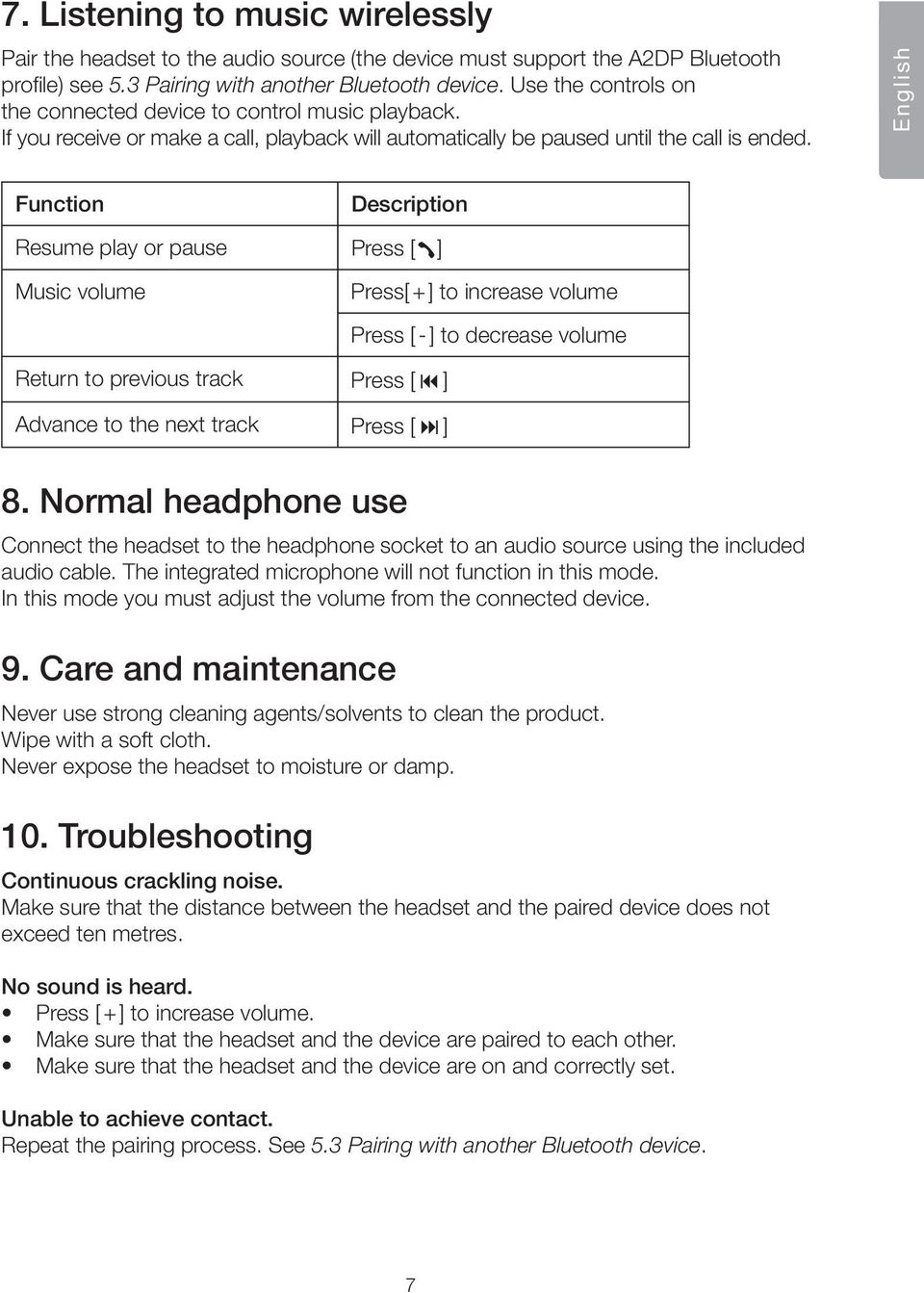 English Function Description Resume play or pause Press [ ] Music volume Press[ + ] to increase volume Return to previous track Press [9 ] Advance to the next track Press [ : ] Press [ - ] to