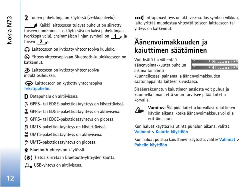 Laitteeseen on kytketty yhteensopiva induktiosilmukka. Laitteeseen on kytketty yhteensopiva Tekstipuhelin. Datapuhelu on aktiivisena. GPRS- tai EDGE-pakettidatayhteys on käytettävissä.