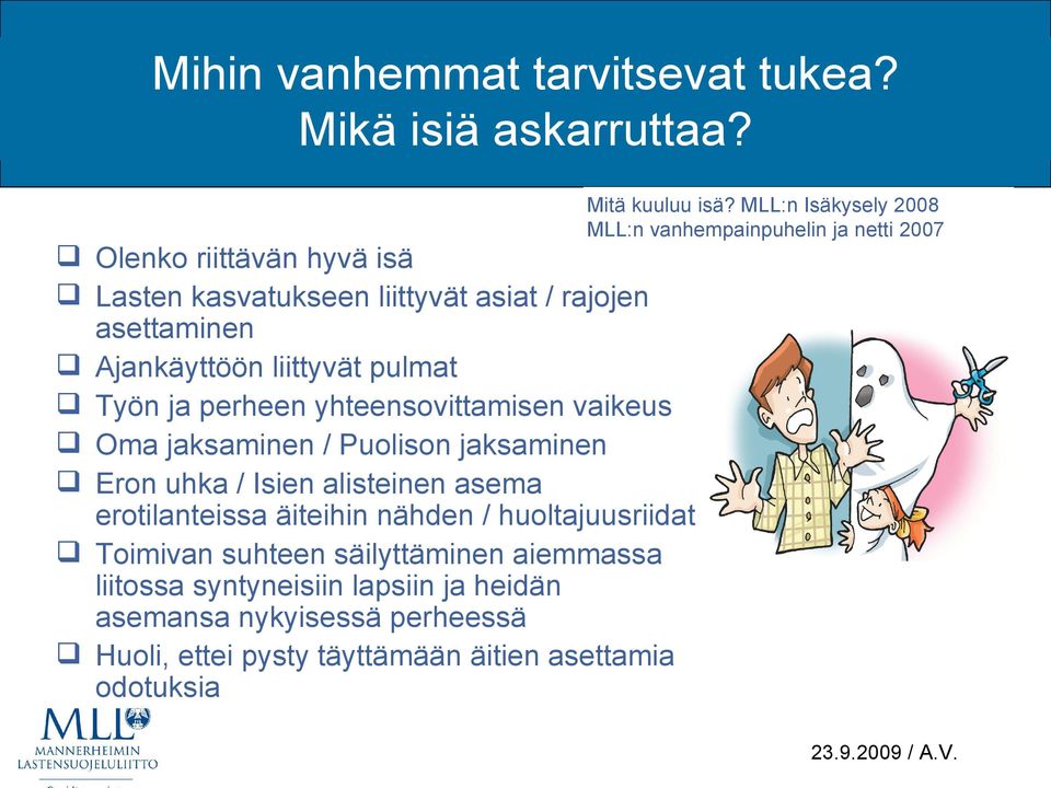 Ajankäyttöön liittyvät pulmat Työn ja perheen yhteensovittamisen vaikeus Oma jaksaminen / Puolison jaksaminen Eron uhka / Isien alisteinen asema