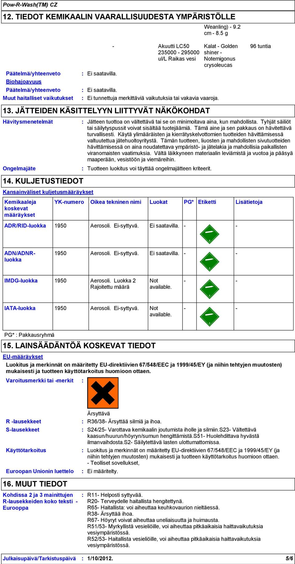 vaikutuksia tai vakavia vaaroja. 13. JÄTTEIDEN KÄSITTELYYN LIITTYVÄT NÄKÖKOHDAT Hävitysmenetelmät Ongelmajäte 14.