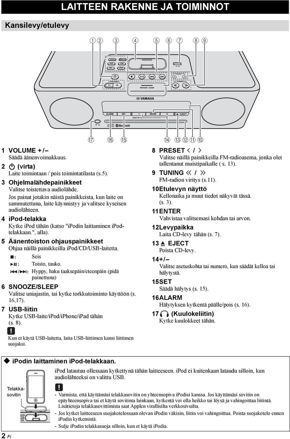 4 ipod-telakka Kytke ipod tähän (katso "ipodin laittaminen ipodtelakkaan.", alla). 5 Äänentoiston ohjauspainikkeet Ohjaa näillä painikkeilla ipod/cd/usb-laitetta. : Seis : Toisto, tauko.