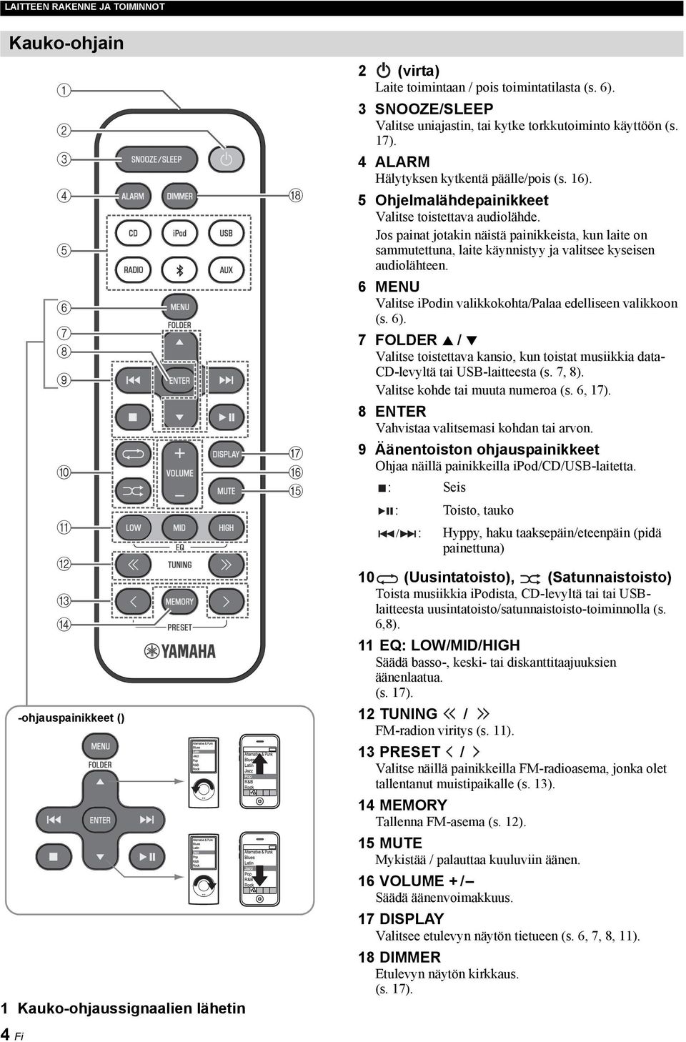 Jos painat jotakin näistä painikkeista, kun laite on sammutettuna, laite käynnistyy ja valitsee kyseisen audiolähteen. 6 MENU Valitse ipodin valikkokohta/palaa edelliseen valikkoon (s. 6).