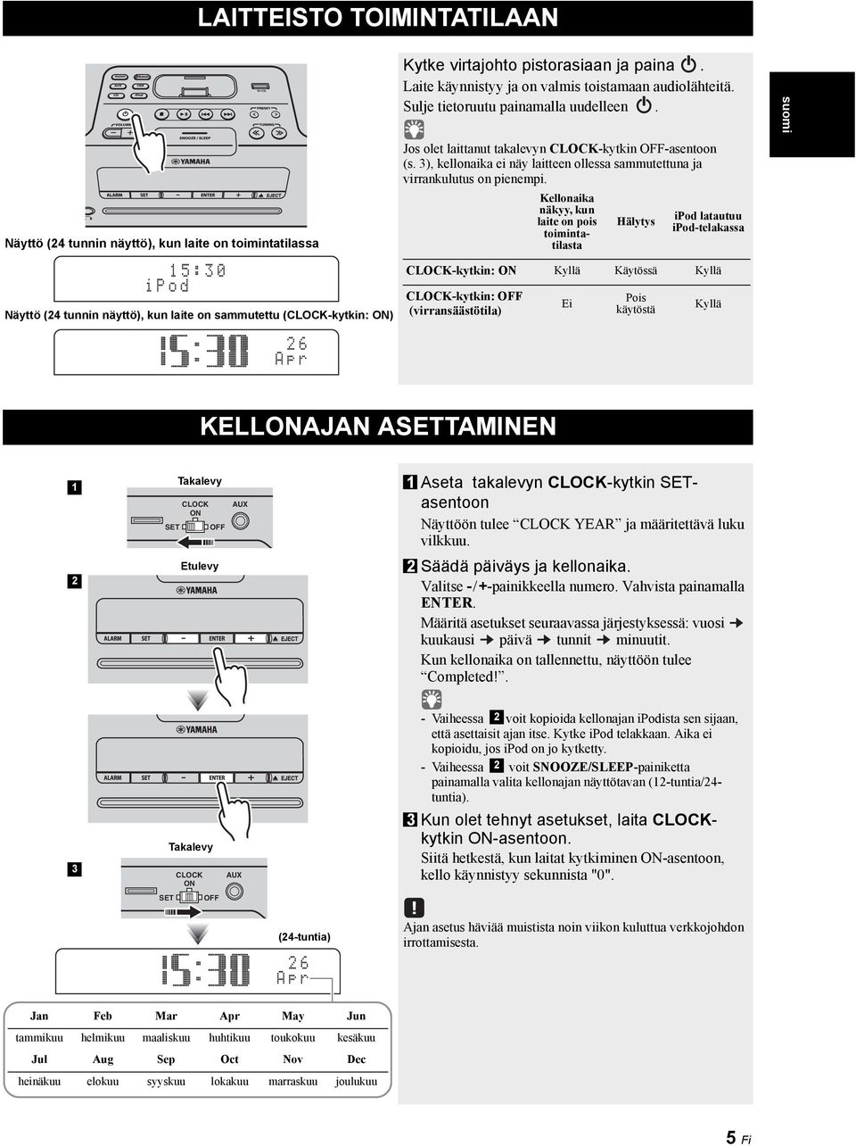 3), kellonaika ei näy laitteen ollessa sammutettuna ja virrankulutus on pienempi.