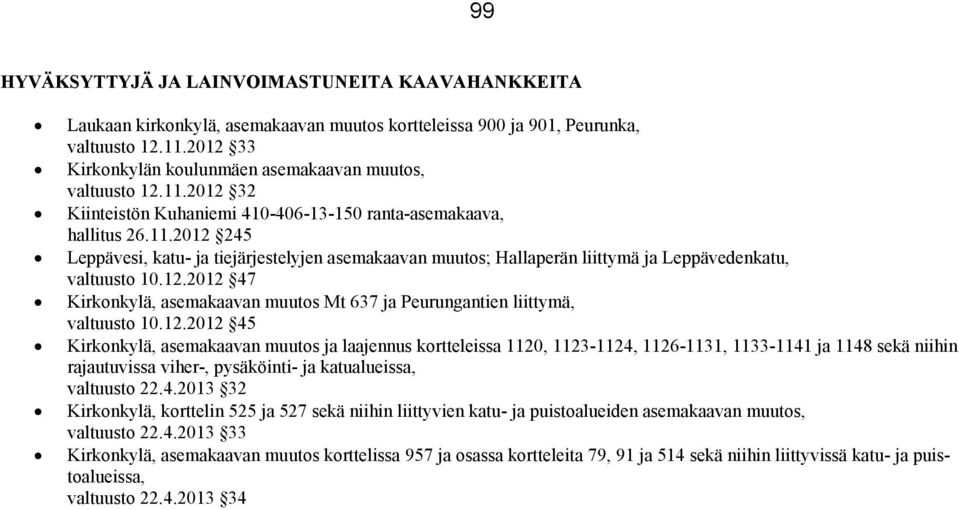 12.2012 47 Kirkonkylä, asemakaavan muutos Mt 637 ja Peurungantien liittymä, valtuusto 10.12.2012 45 Kirkonkylä, asemakaavan muutos ja laajennus kortteleissa 1120, 1123-1124, 1126-1131, 1133-1141 ja 1148 sekä niihin rajautuvissa viher-, pysäköinti- ja katualueissa, valtuusto 22.