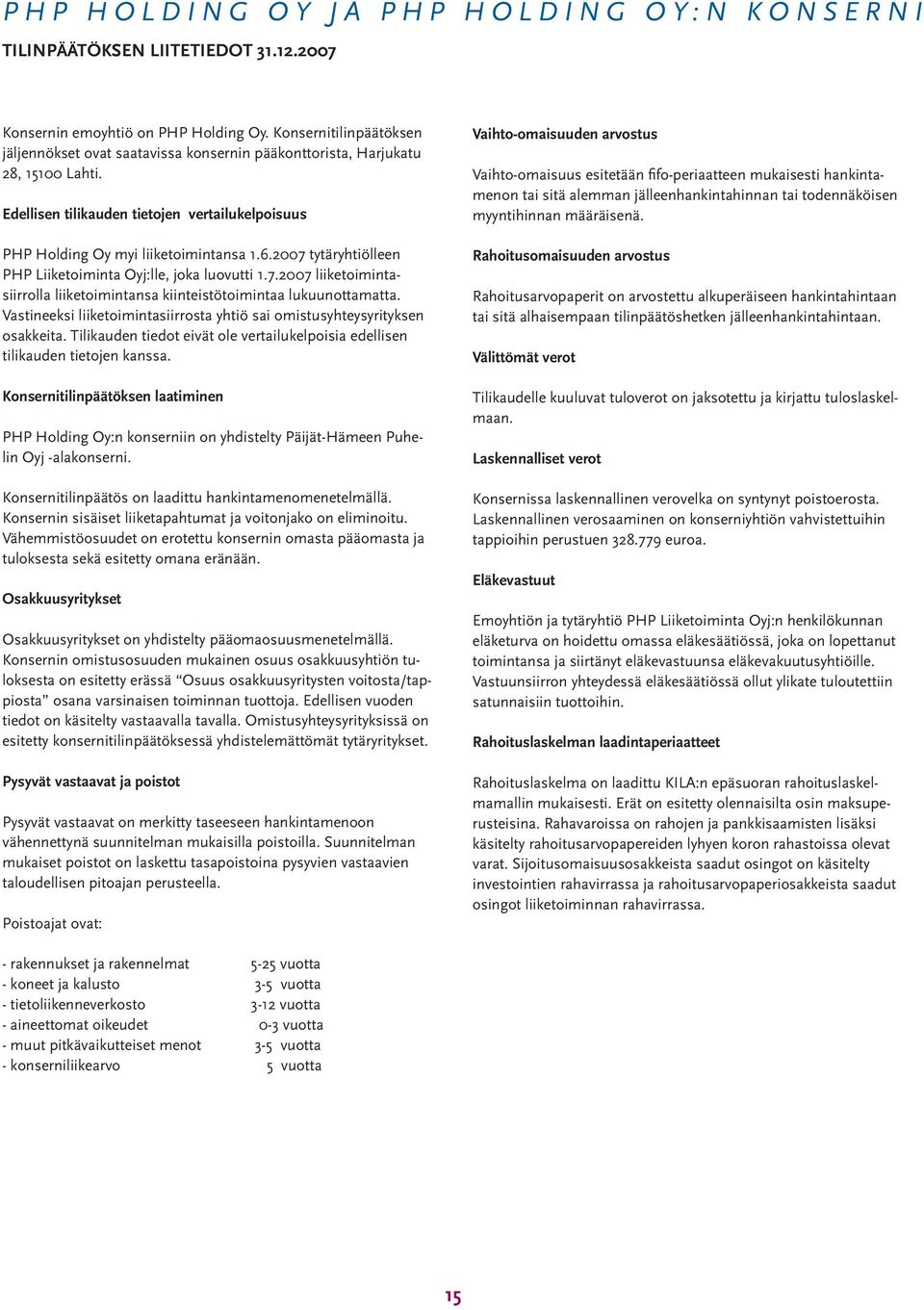 27 tytäryhtiölleen PHP Liiketoiminta Oyj:lle, joka luovutti 1.7.27 liiketoimintasiirrolla liiketoimintansa kiinteistötoimintaa lukuunottamatta.