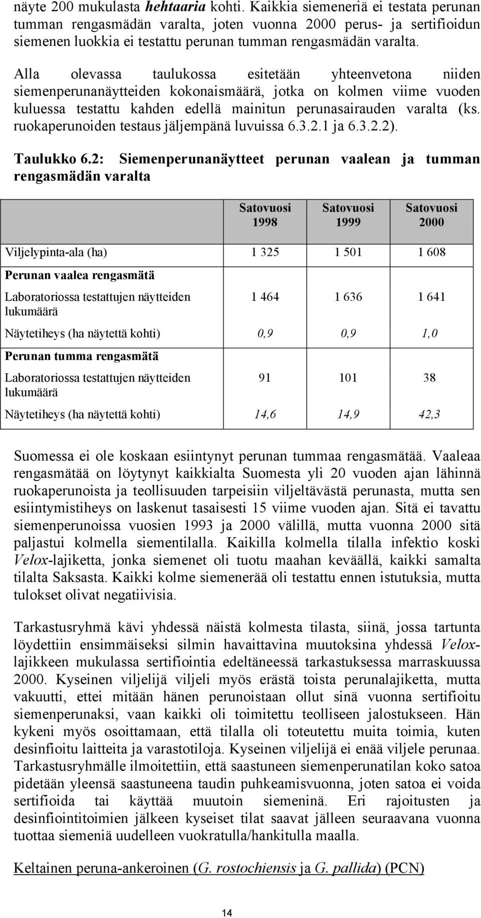 Alla olevassa taulukossa esitetään yhteenvetona niiden siemenperunanäytteiden kokonaismäärä, jotka on kolmen viime vuoden kuluessa testattu kahden edellä mainitun perunasairauden varalta (ks.