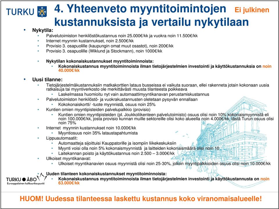 osapuolille (Wiklund ja Stockmann), noin 1000 /kk Ei julkinen Nykytilan kokonaiskustannukset myyntitoiminnoista: Kokonaiskustannus myyntitoiminnoista ilman tietojärjestelmien investointi ja