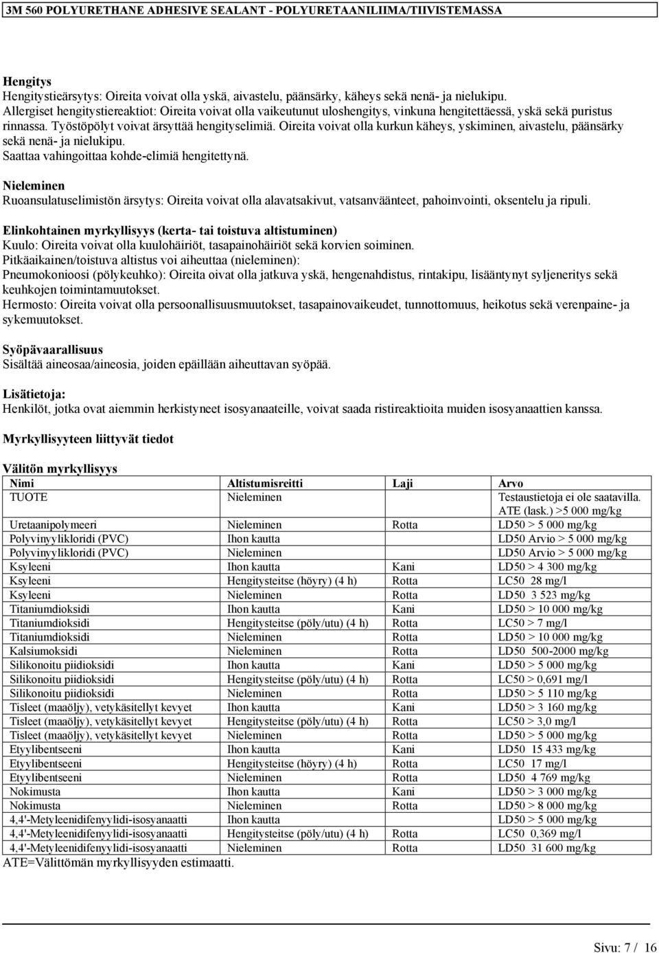 Oireita voivat olla kurkun käheys, yskiminen, aivastelu, päänsärky sekä nenä- ja nielukipu. Saattaa vahingoittaa kohde-elimiä hengitettynä.