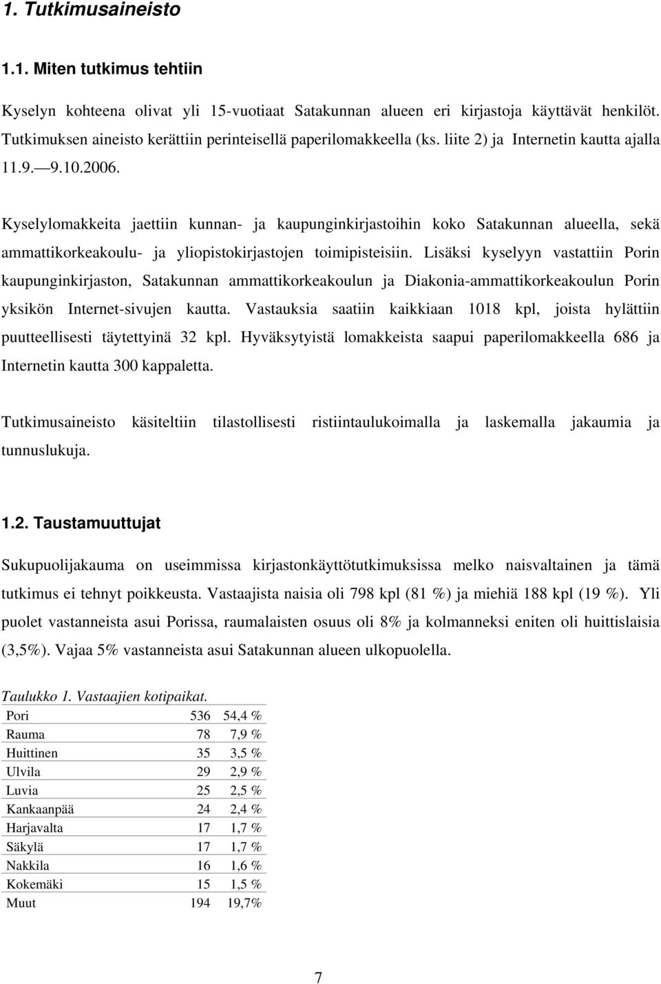 Kyselylomakkeita jaettiin kunnan- ja kaupunginkirjastoihin koko Satakunnan alueella, sekä ammattikorkeakoulu- ja yliopistokirjastojen toimipisteisiin.