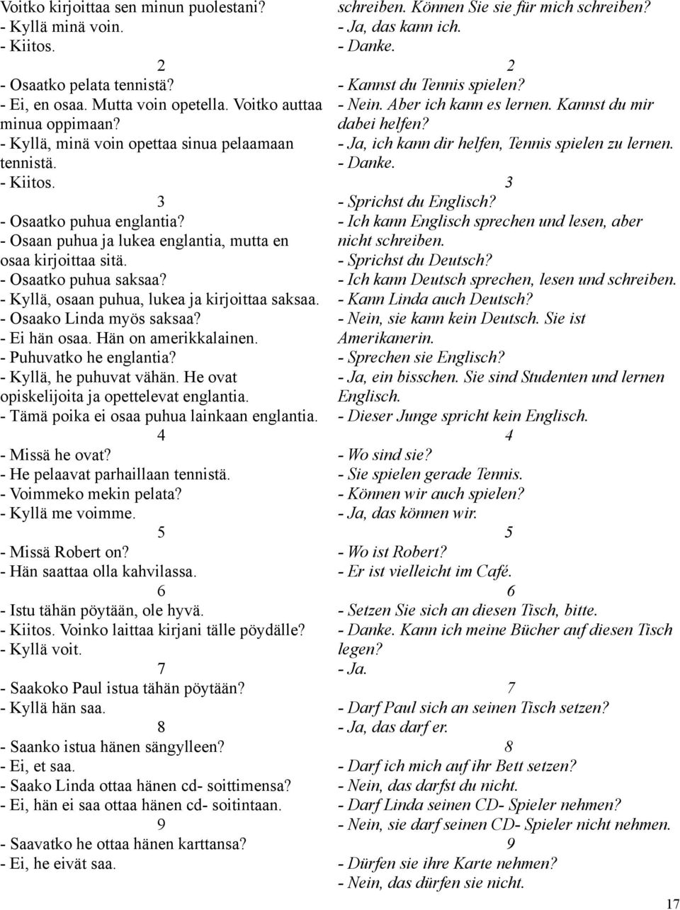 - Kyllä, osaan puhua, lukea ja kirjoittaa saksaa. - Osaako Linda myös saksaa? - Ei hän osaa. Hän on amerikkalainen. - Puhuvatko he englantia? - Kyllä, he puhuvat vähän.