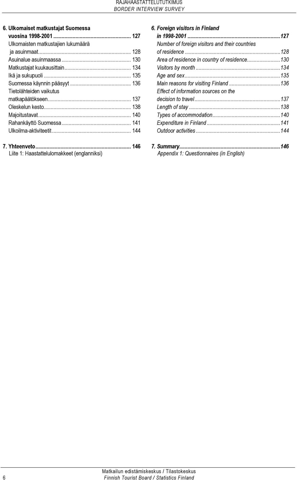 Yhteenveto... 146 Liite 1: Haastattelulomakkeet (englanniksi) 6. Foreign visitors in Finland in 1998-2001...127 Number of foreign visitors and their countries of residence.