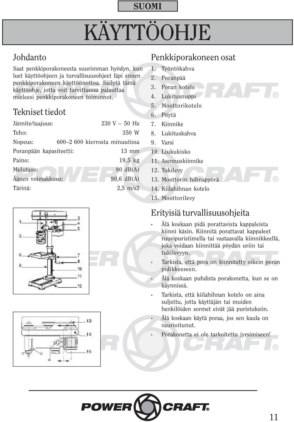 Tekniset tiedot Jännite/taajuus: 230 V ~ 50 Hz Teho: 350 W Nopeus: 600 2 600 kierrosta minuutissa Poranpään kapasiteetti: 13 mm Paino: 19,5 kg Melutaso: 80 db(a) Äänen voimakkuus: 90,6 db(a) Tärinä: