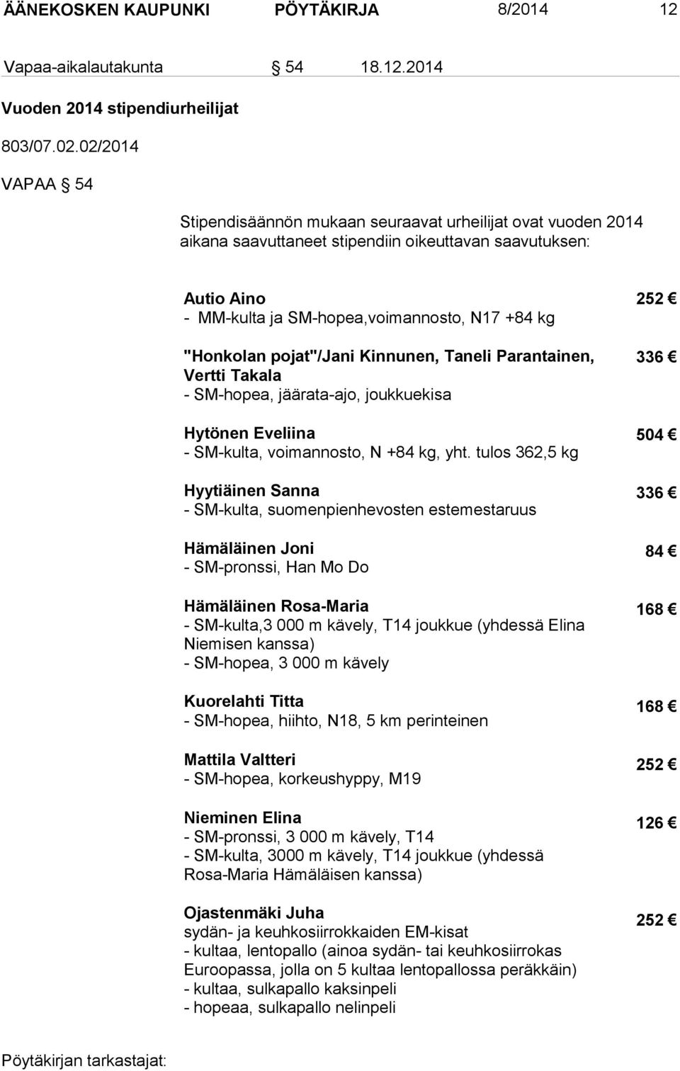 "Honkolan pojat"/jani Kinnunen, Taneli Parantainen, Vertti Takala - SM-hopea, jäärata-ajo, joukkuekisa Hytönen Eveliina - SM-kulta, voimannosto, N +84 kg, yht.