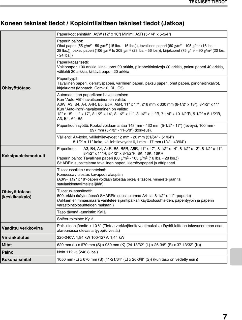 - 28 lbs.)), paksu paperi (106 g/m 2 to 209 g/m 2 (28 lbs. - 56 lbs.)), kirjekuoret (75 g/m 2-90 g/m 2 (20 lbs. - 24 lbs.