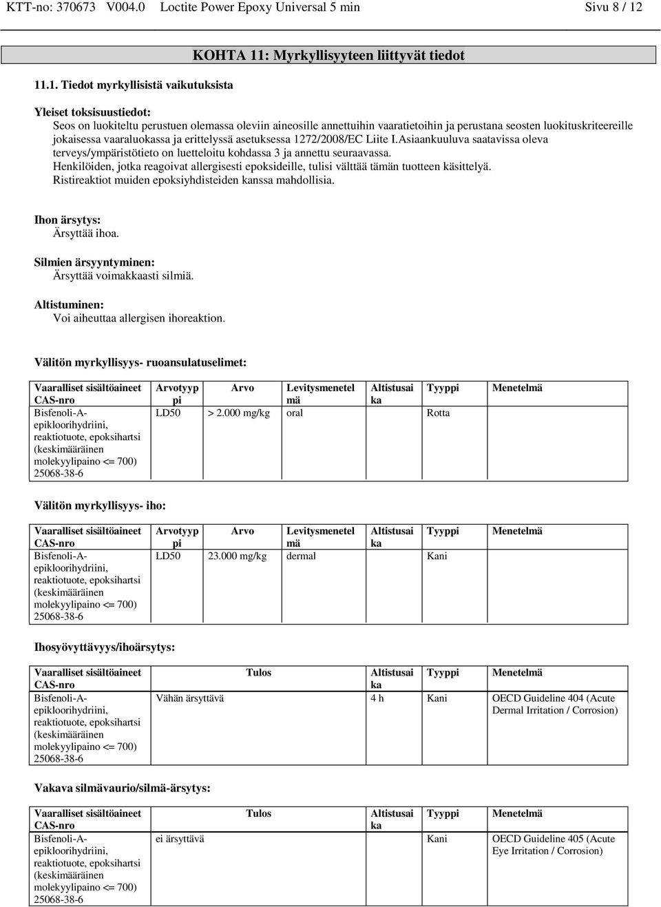 perustana seosten luokituskriteereille jokaisessa vaaraluokassa ja erittelyssä asetuksessa 1272/2008/EC Liite I.