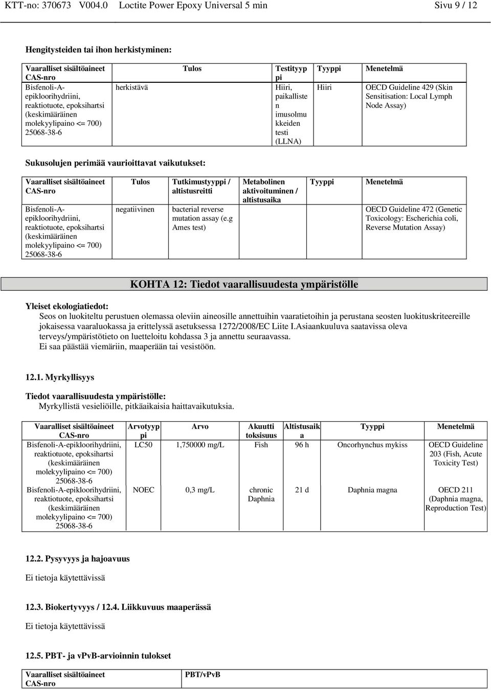 paikalliste n imusolmu kkeiden testi (LLNA) Tyyppi Hiiri Menetelmä OECD Guideline 429 (Skin Sensitisation: Local Lymph Node Assay) Sukusolujen perimää vaurioittavat vaikutukset: