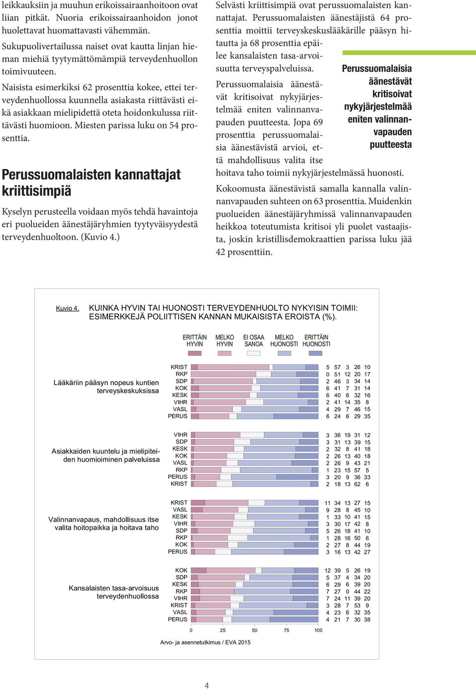 Naisista esimerkiksi 62 prosenttia kokee, ettei terveydenhuollossa kuunnella asiakasta riittävästi eikä asiakkaan mielipidettä oteta hoidonkulussa riittävästi huomioon.