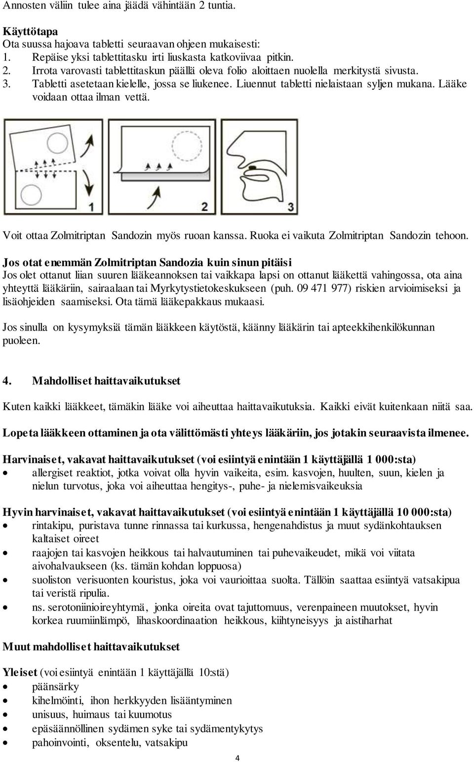 Ruoka ei vaikuta Zolmitriptan Sandozin tehoon.