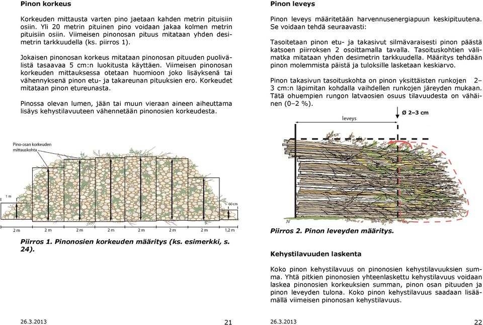 Viimeisen pinonosan korkeuden mittauksessa otetaan huomioon joko lisäyksenä tai vähennyksenä pinon etu- ja takareunan pituuksien ero. Korkeudet mitataan pinon etureunasta.