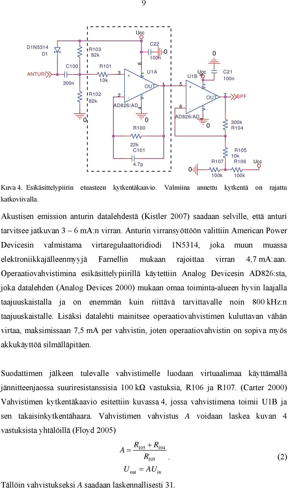 Akustisen emission anturin datalehdestä (Kistler 27) saadaan selville, että anturi tarvitsee jatkuvan 3 6 ma:n virran.