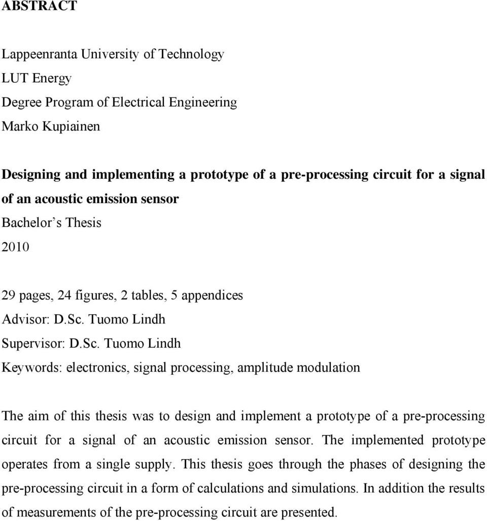 Tuomo Lindh Supervisor: D.Sc.