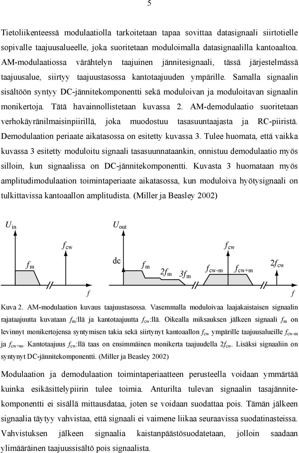 Samalla signaalin sisältöön syntyy DC-jännitekomponentti sekä moduloivan ja moduloitavan signaalin monikertoja. Tätä havainnollistetaan kuvassa 2.