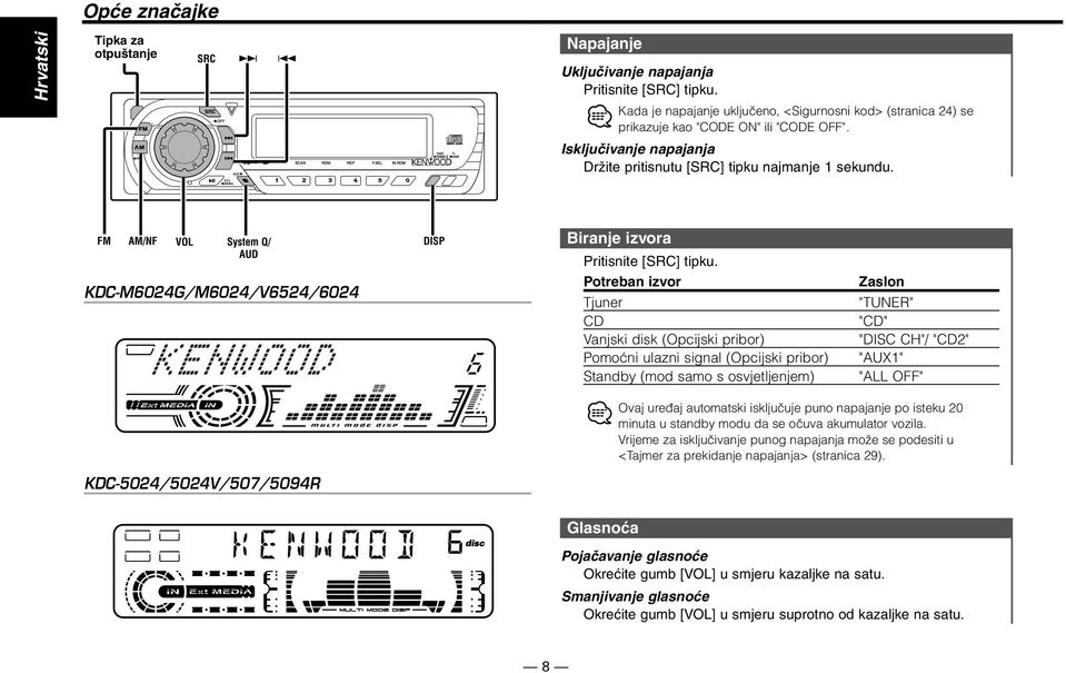 FM AM/NF VOL System Q/ AUD KDC-M6024G/M6024/V6524/6024 DISP Biranje izvora Pritisnite [SRC] tipku.