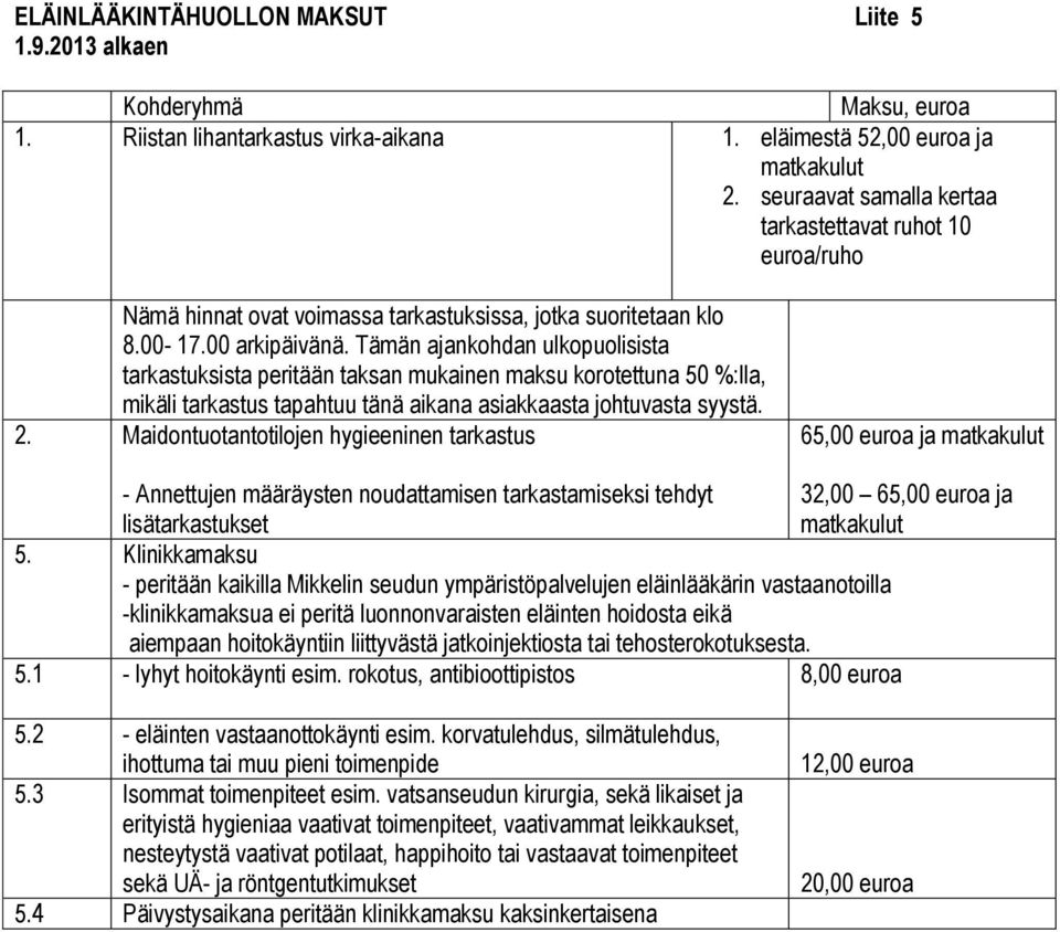 Tämän ajankohdan ulkopuolisista tarkastuksista peritään taksan mukainen maksu korotettuna 50 %:lla, mikäli tarkastus tapahtuu tänä aikana asiakkaasta johtuvasta syystä. 2.