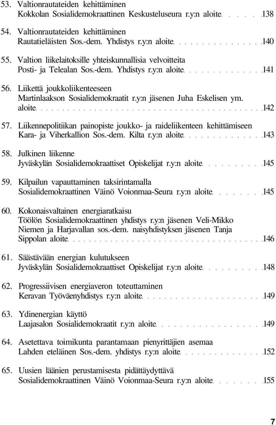 y:n jäsenen Juha Eskelisen ym. aloite 142 57. Liikennepolitiikan painopiste joukko- ja raideliikenteen kehittämiseen Kara- ja Viherkallion Sos.-dem. Kilta r.y:n aloite 143 58.