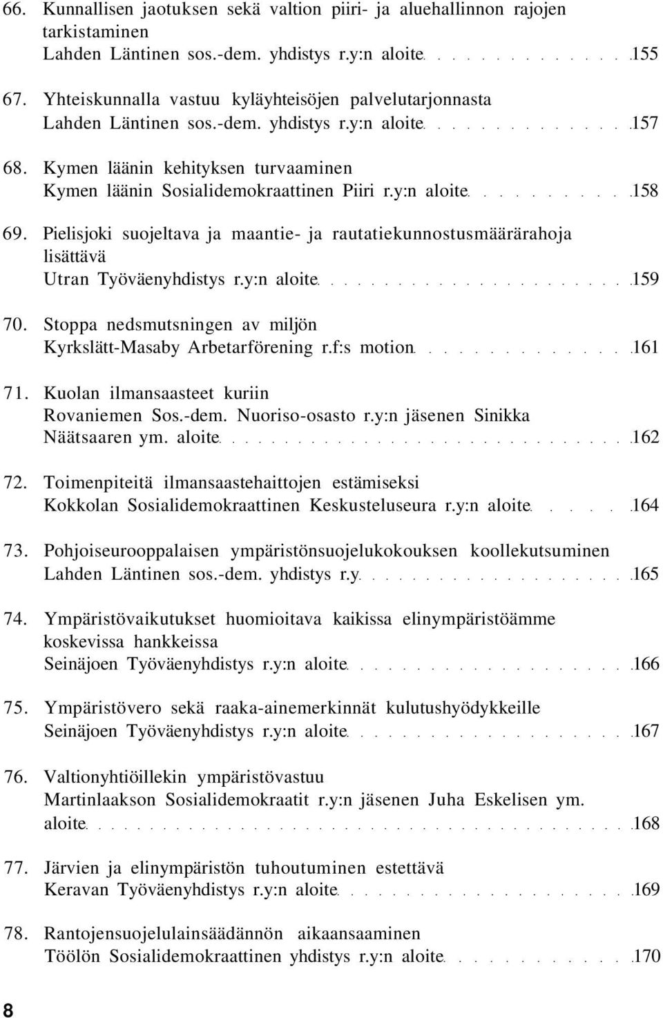 y:n aloite 158 69. Pielisjoki suojeltava ja maantie- ja rautatiekunnostusmäärärahoja lisättävä Utran Työväenyhdistys r.y:n aloite 159 70.