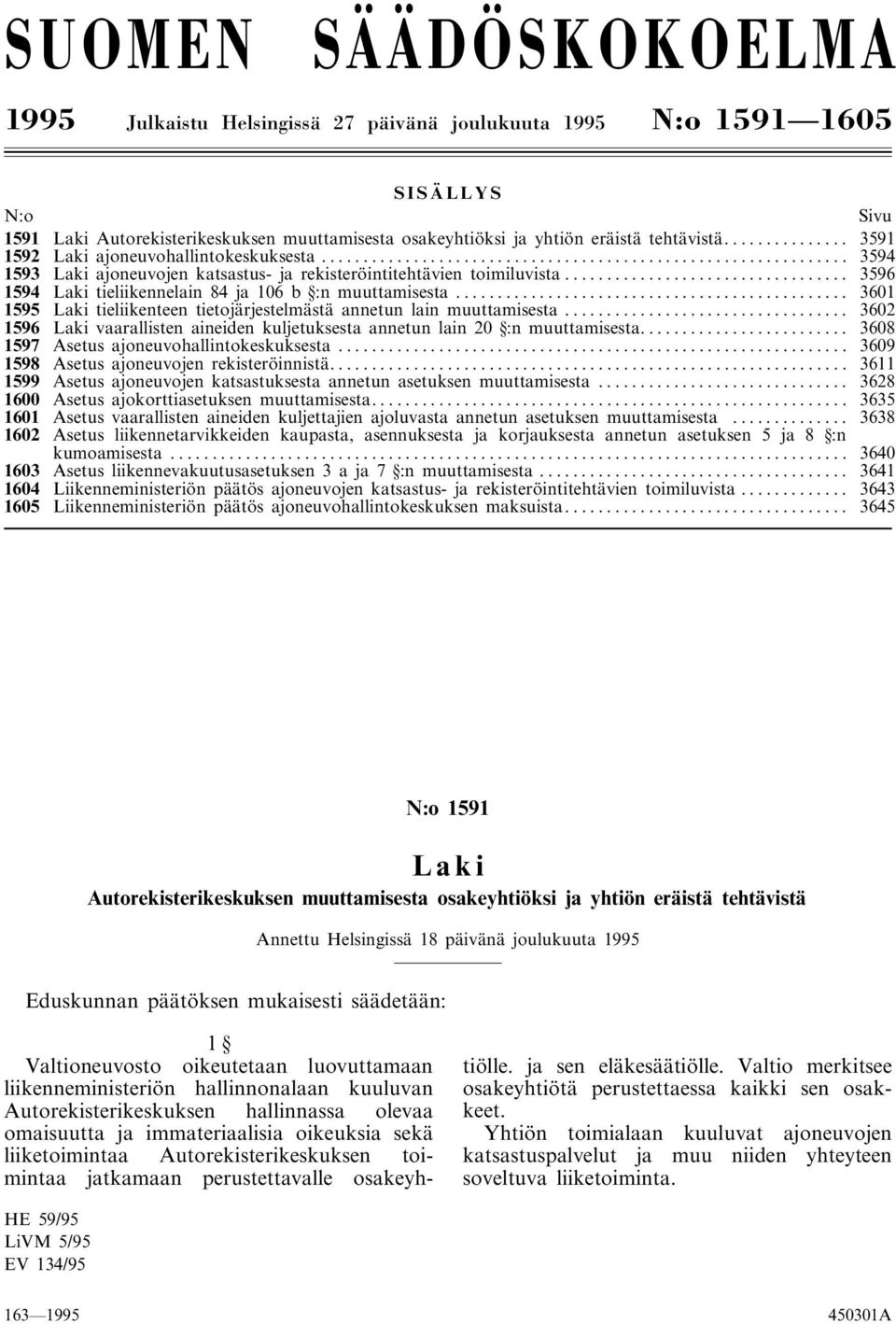 .. 3601 1595 Laki tieliikenteen tietojärjestelmästä annetun lain muuttamisesta... 3602 1596 Laki vaarallisten aineiden kuljetuksesta annetun lain 20 :n muuttamisesta.