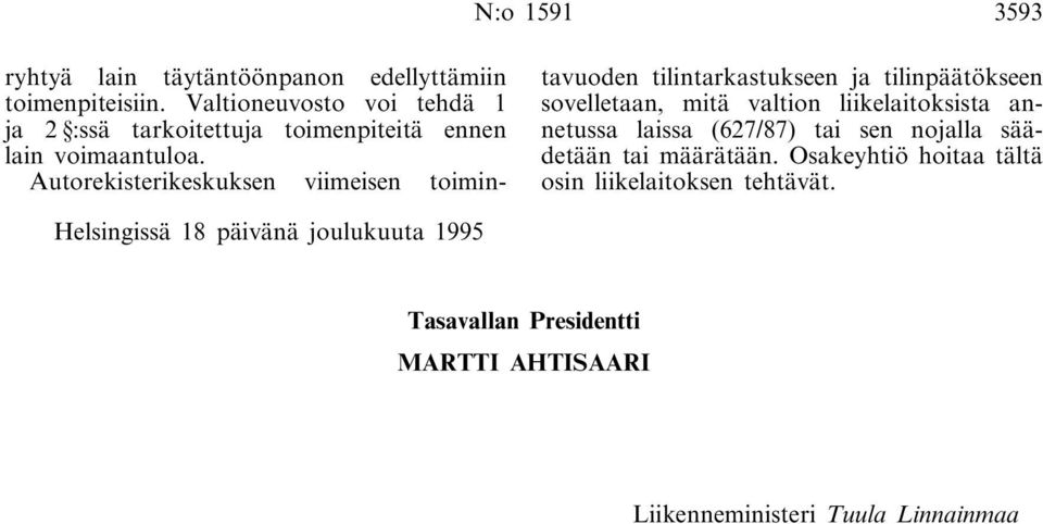 Autorekisterikeskuksen viimeisen toimintavuoden tilintarkastukseen ja tilinpäätökseen sovelletaan, mitä valtion liikelaitoksista