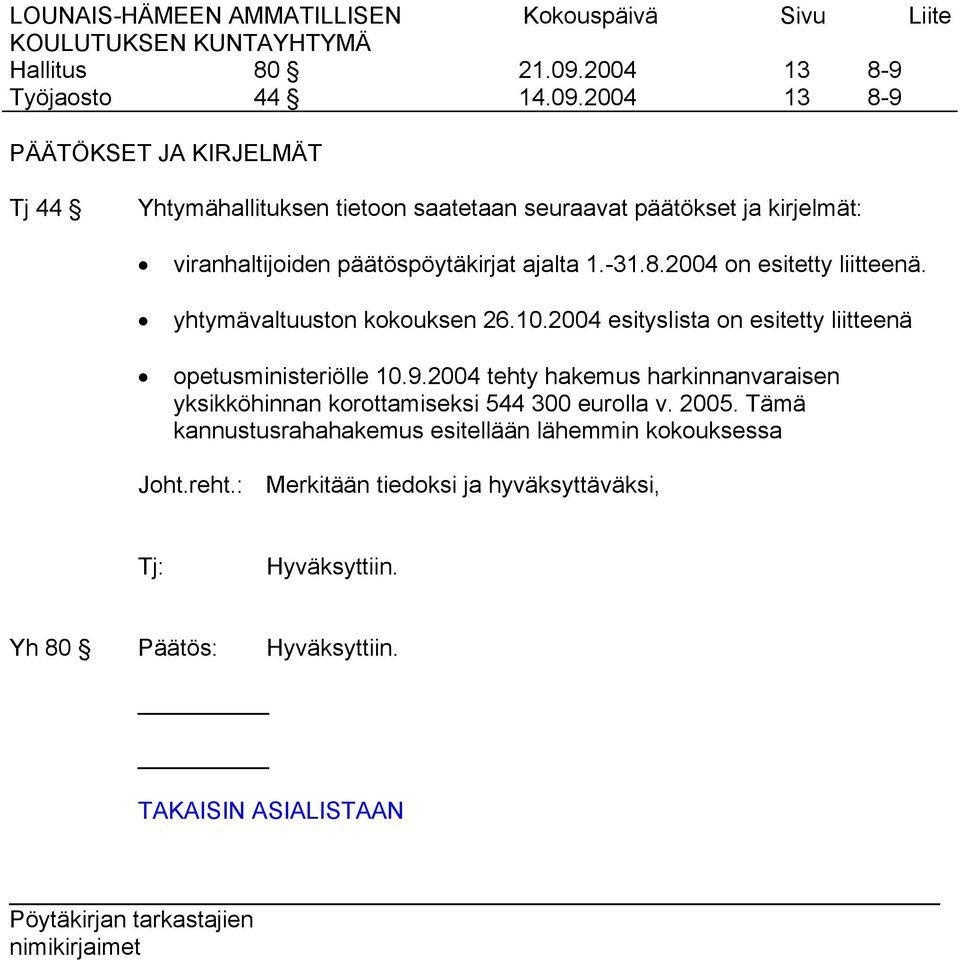 2004 13 13 8-9 8-9 PÄÄTÖKSET JA KIRJELMÄT Tj 44 Yhtymähallituksen tietoon saatetaan seuraavat päätökset ja kirjelmät: viranhaltijoiden