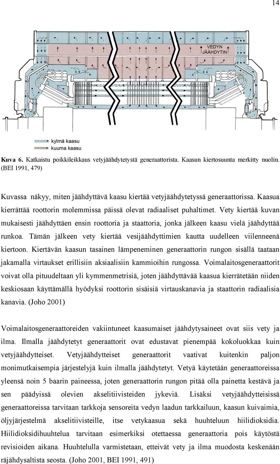 Vety kiertää kuvan mukaisesti jäähdyttäen ensin roottoria ja staattoria, jonka jälkeen kaasu vielä jäähdyttää runkoa.