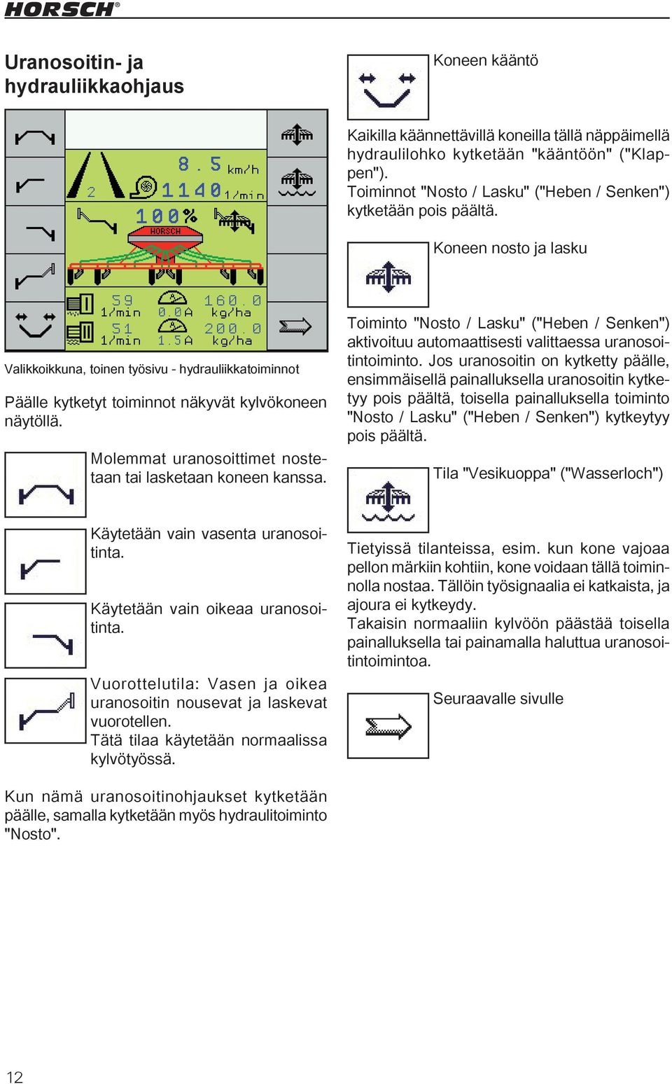 Molemmat uranosoittimet nostetaan tai lasketaan koneen kanssa. Toiminto "Nosto / Lasku" ("Heben / Senken") aktivoituu automaattisesti valittaessa uranosoitintoiminto.