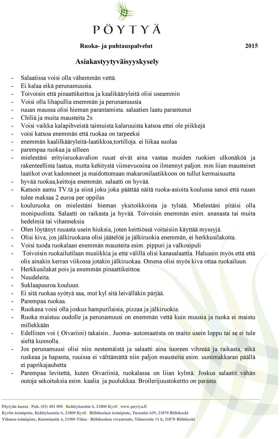 salaatien laatu parantunut - Chiliä ja muita mausteita 2x - Voisi vaikka kalapihveistä taimuista kalaruuista katsoa ettei ole piikkejä - voisi katsoa enemmän että ruokaa on tarpeeksi - enemmän